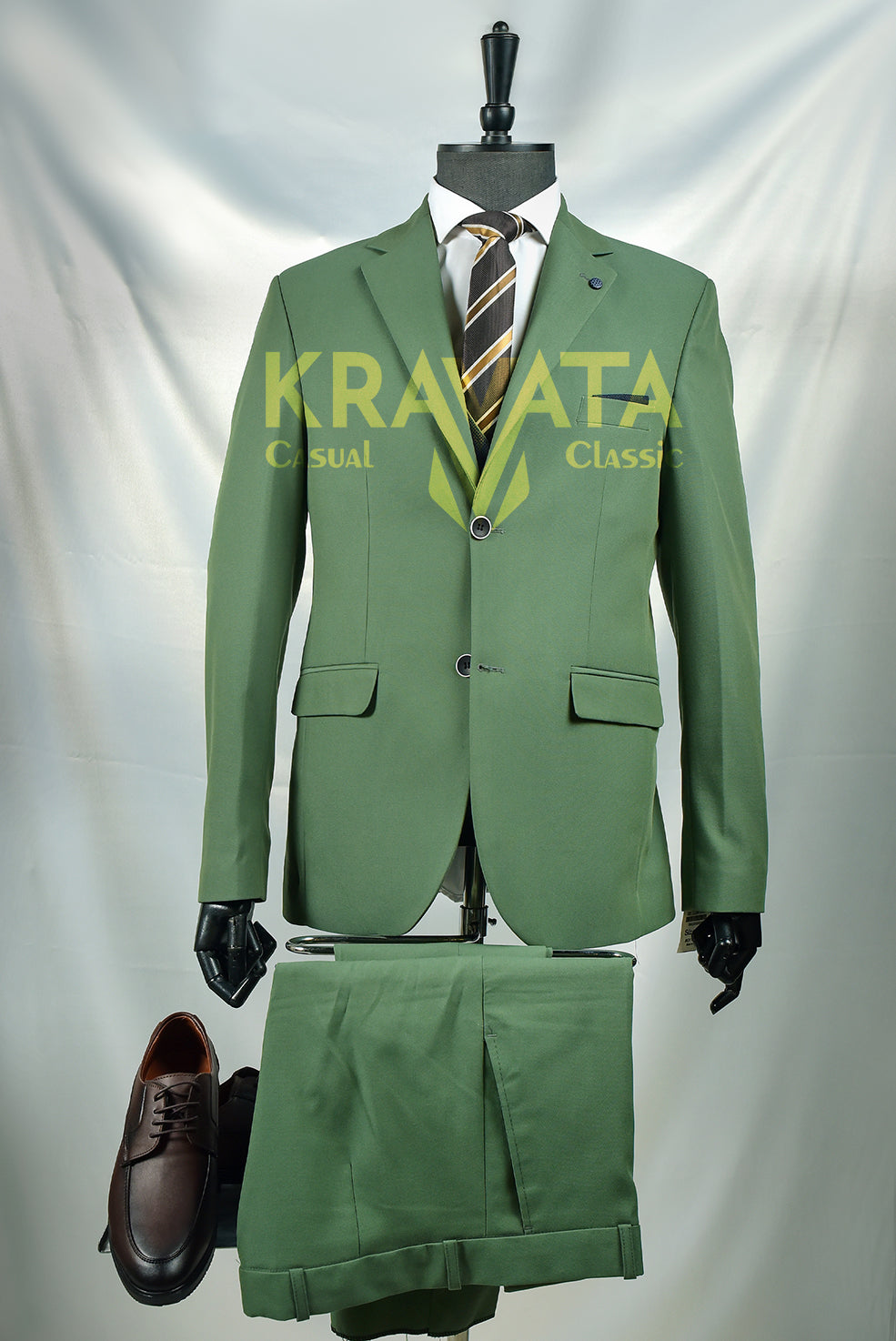 Men's Classic Green Suit with Striped Tie