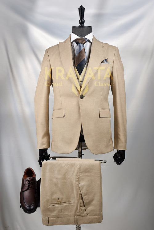 Beige Formal Suit with Striped Tie