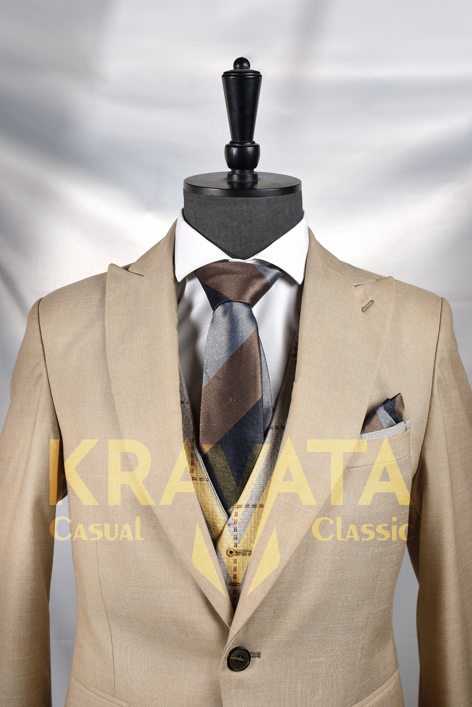Beige Formal Suit with Striped Tie