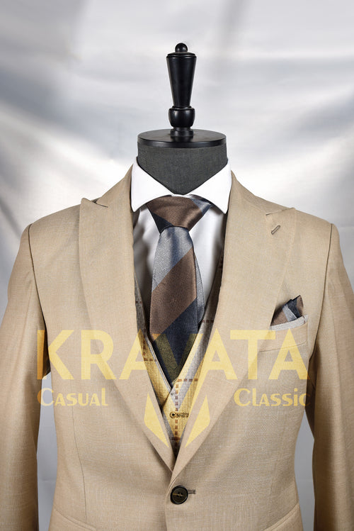 Beige Formal Suit with Striped Tie